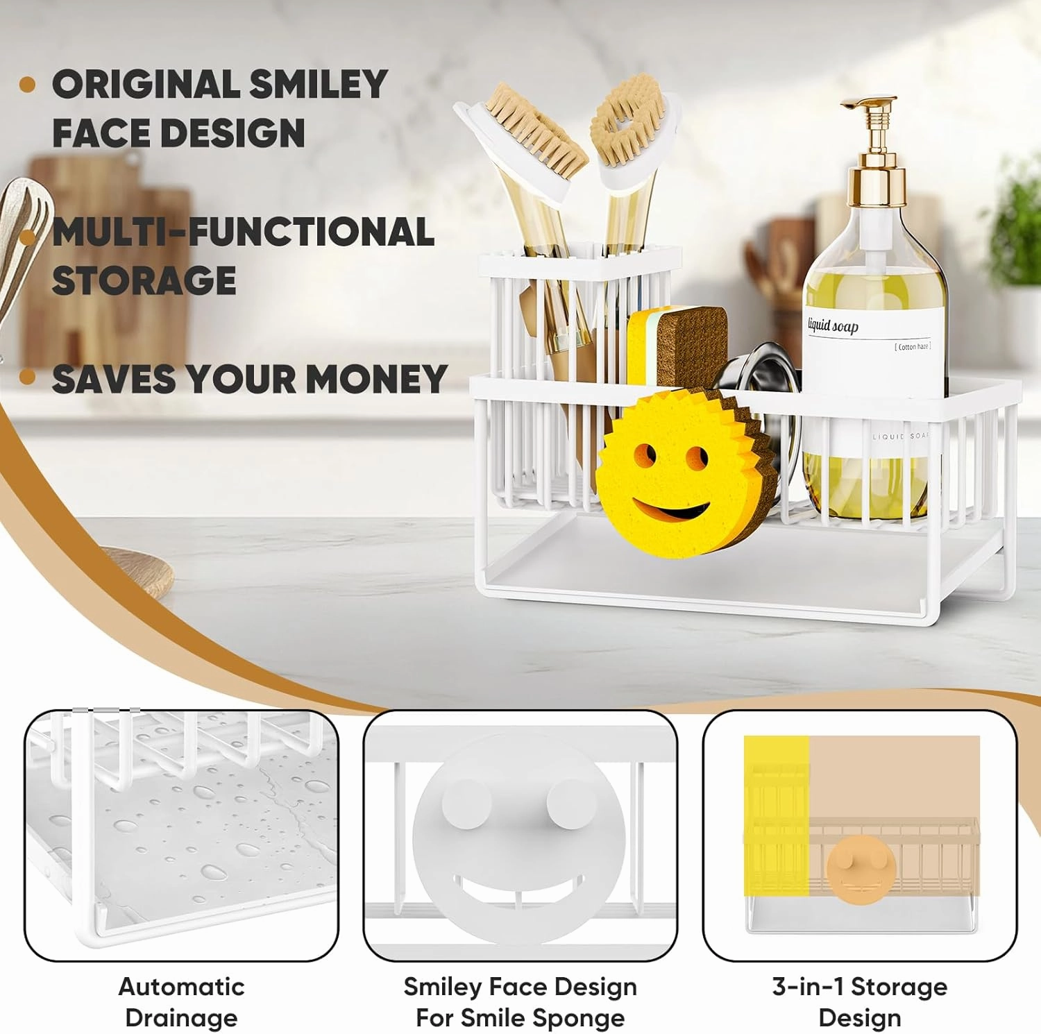 Sponge Holder for Kitchen Sink,Smiley Face Sink Caddy with Removable Brush Holder,Self-Draining Sponge Caddy for Soap,Dish Brush,Scrubber,Kitchen Essentials and Gadgets-White