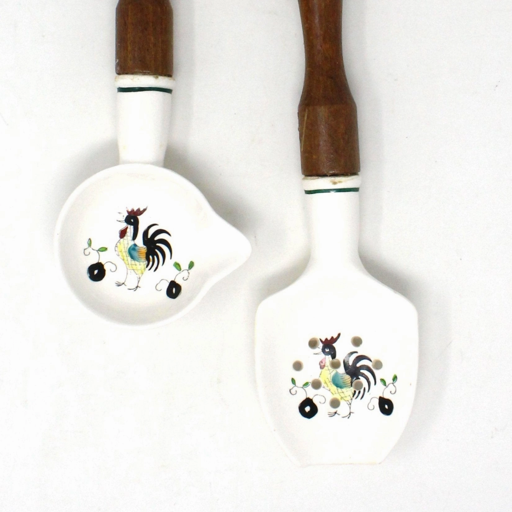 Spoon & Ladle / Separator Set, Kitchen Utensil Set Painted Rooster, Ceramic with Wood Handle, Vintage