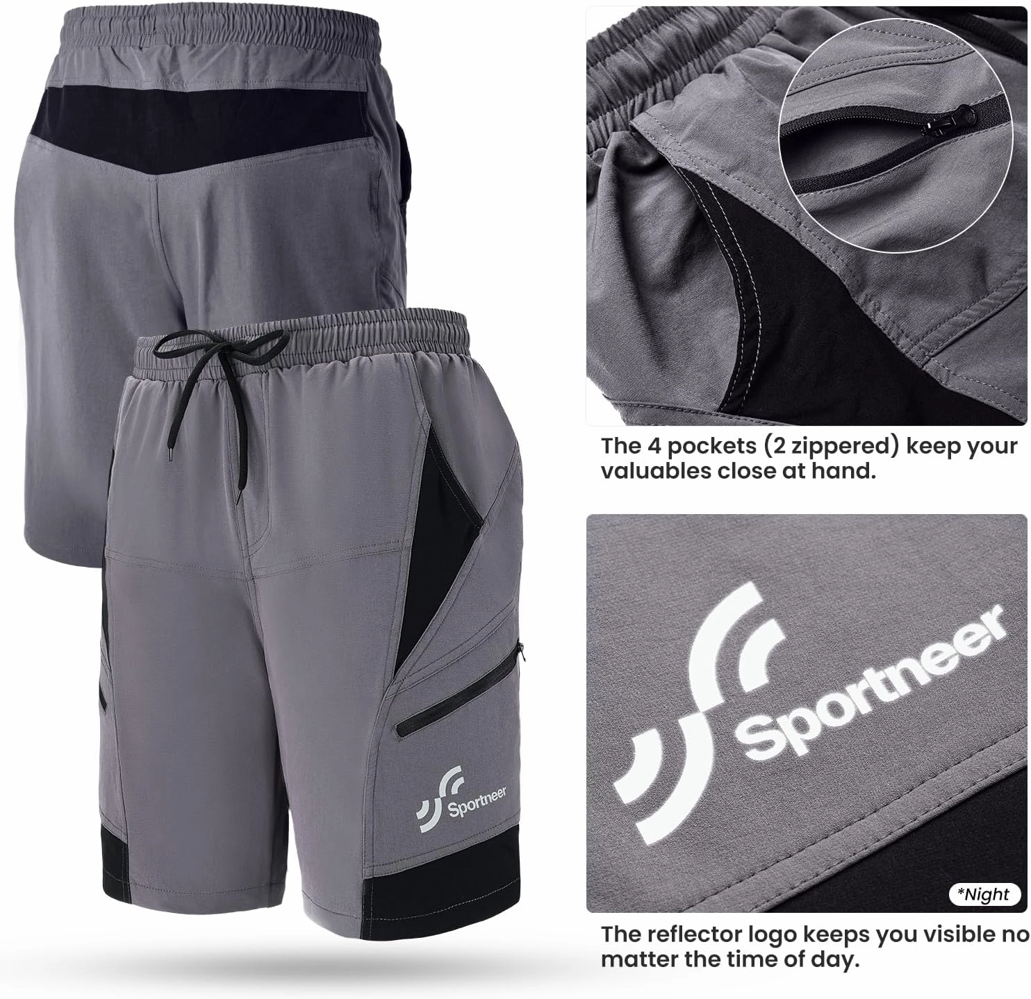 Sportneer Bike Shorts for Men: 3D Padded Lightweight Riding Biking Cycling Mountain Bike Shorts for Men with Zipper Pockets