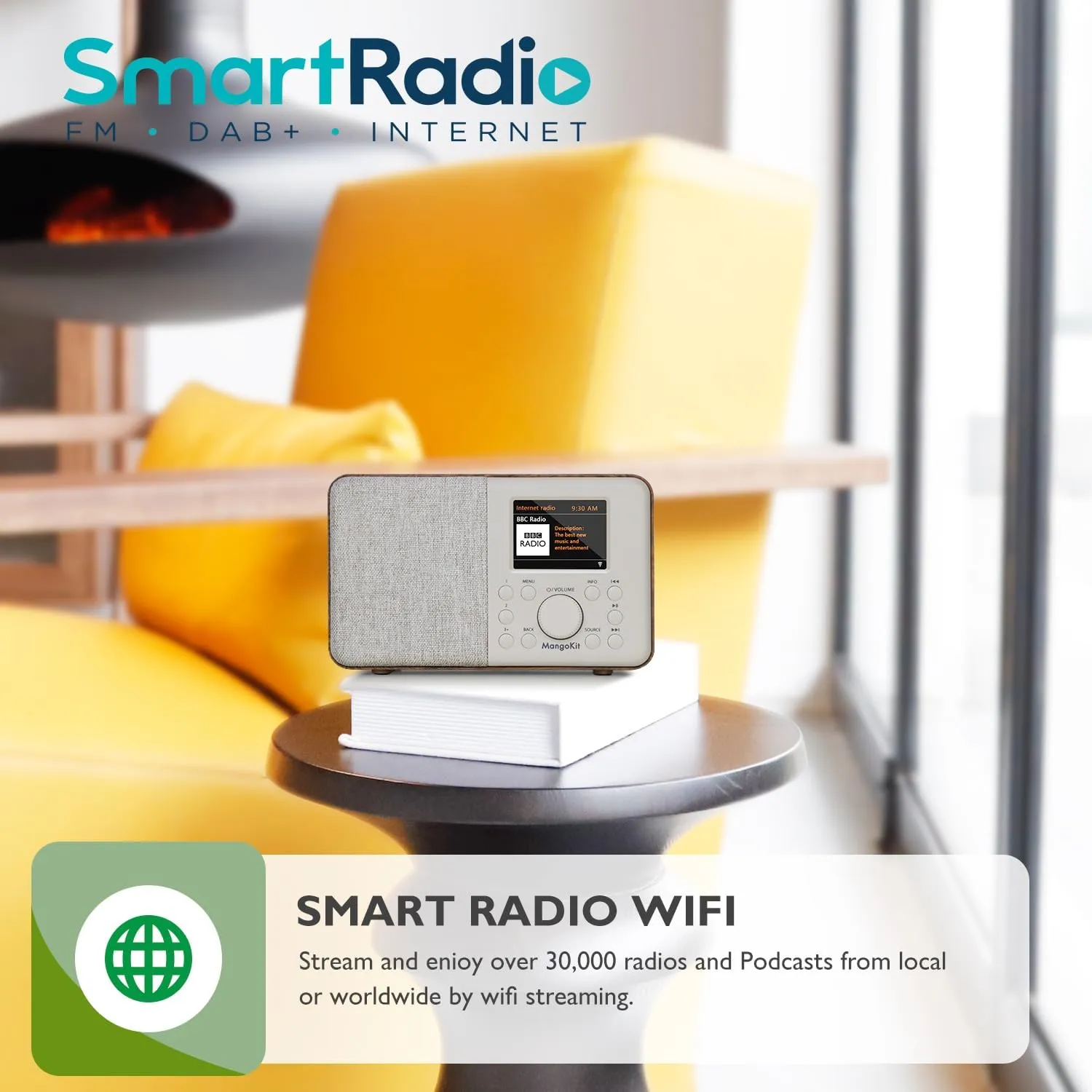 SR10 Smart WiFi Internet Radio,Podcast Player, Bluetooth Speaker, Portable FM Radio, Mains and Battery Powered Radio, Color Display,Dual Alarms, Presets,App Control-Walnut