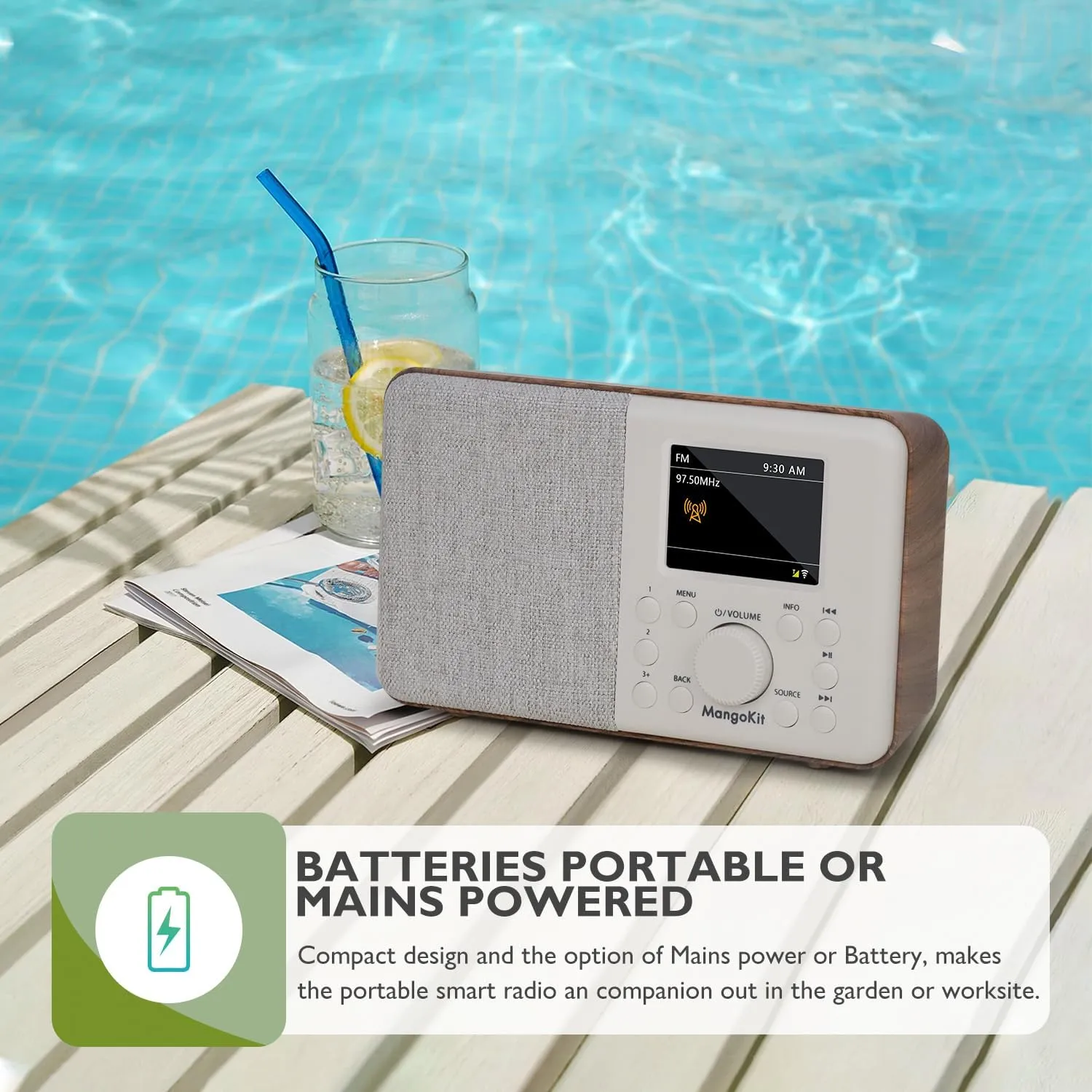 SR10 Smart WiFi Internet Radio,Podcast Player, Bluetooth Speaker, Portable FM Radio, Mains and Battery Powered Radio, Color Display,Dual Alarms, Presets,App Control-Walnut