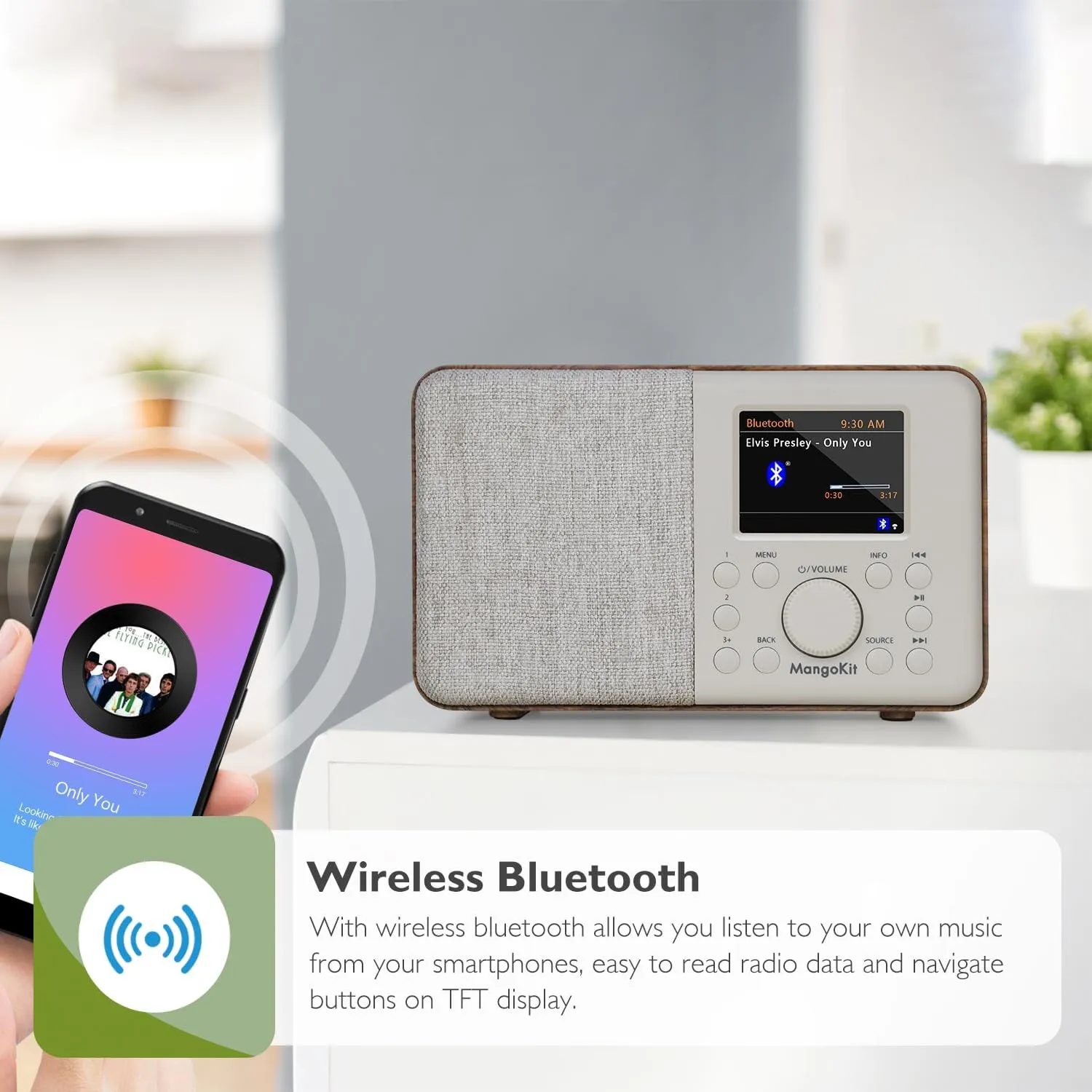 SR10 Smart WiFi Internet Radio,Podcast Player, Bluetooth Speaker, Portable FM Radio, Mains and Battery Powered Radio, Color Display,Dual Alarms, Presets,App Control-Walnut
