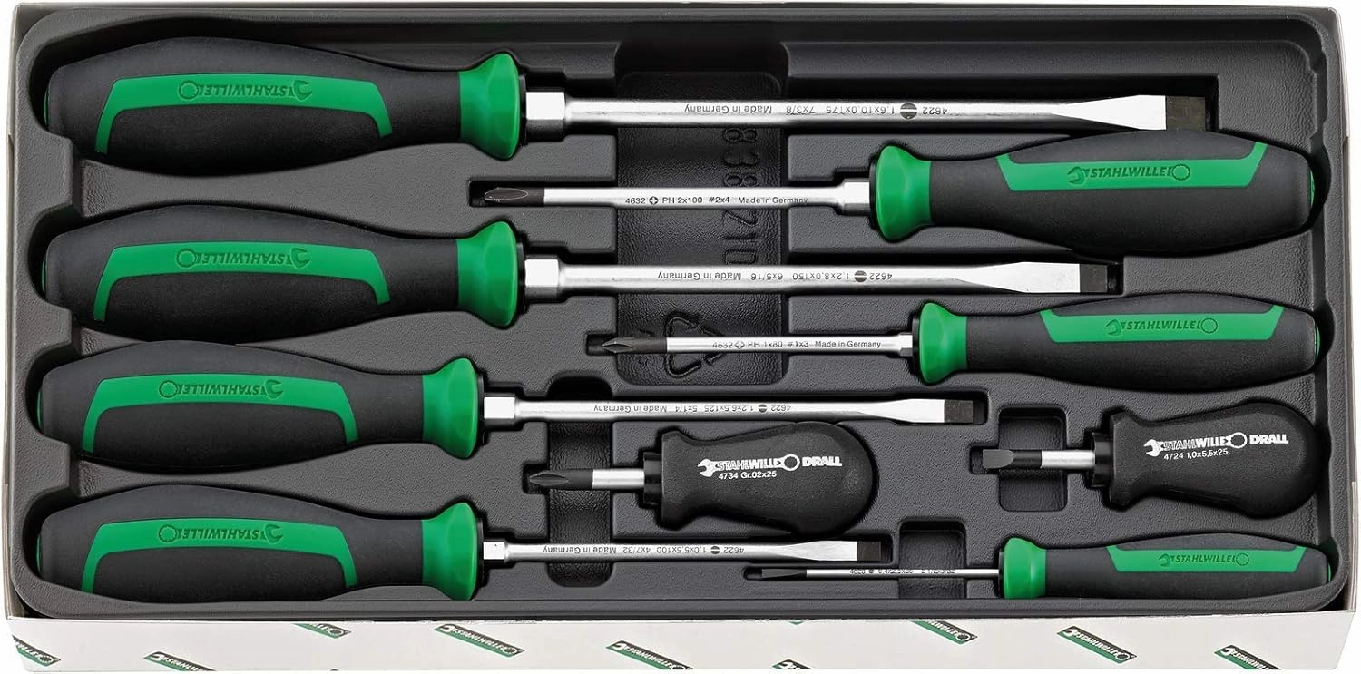 Stahlwille 96469315 DRALL  Set of Screwdrivers, 9 Piece Set, Includes Screwdrivers for Slotted Screws, Electrician, Carburettor and Cross Head Screwdrivers, Industrial-Grade, Made in Germany
