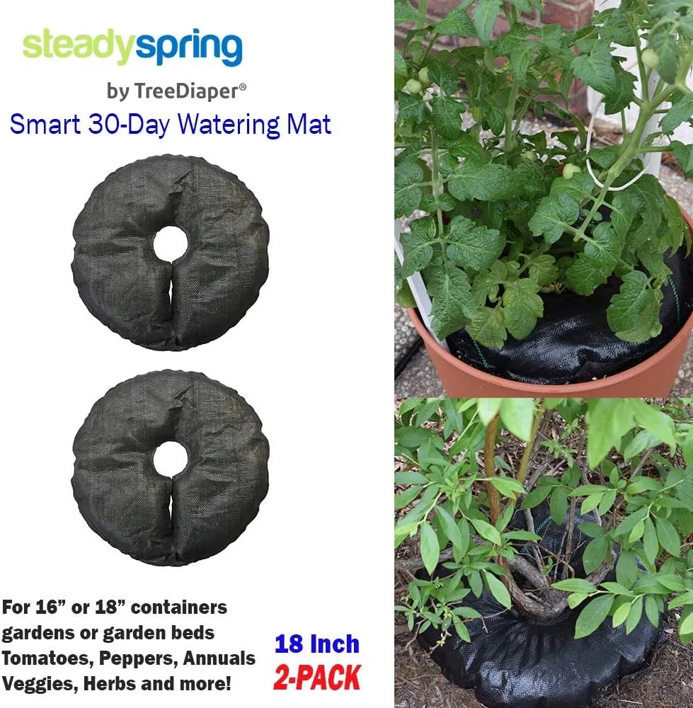 SteadySpring(R) Smart 30 Day Watering Mat Auto Refills with Rain for Tomato Plants, Peppers, Veggies, Perennials, Annuals in 1-2 Gallon Containers or with a 7 in to 10 in Root Ball (4)