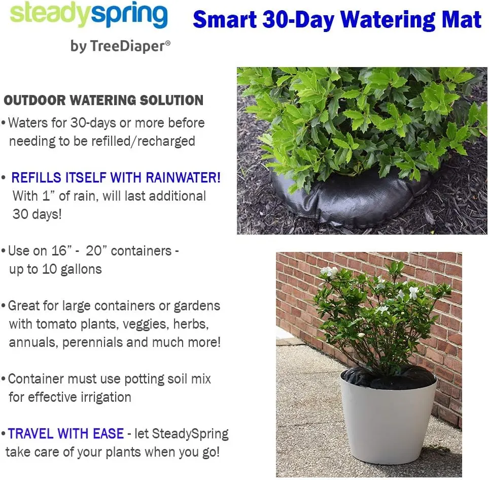 SteadySpring(R) Smart 30 Day Watering Mat Auto Refills with Rain for Tomato Plants, Peppers, Veggies, Perennials, Annuals in 1-2 Gallon Containers or with a 7 in to 10 in Root Ball (4)