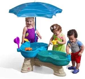 Step2 Spill & Splash Seaway Water Table, Kids Two-Tier Water and Sand Activity Sensory Playset, Comes with Umbrella, Summer Outdoor Toys, 11 Piece Toy Accessories, For Toddles 1.5  Years Old