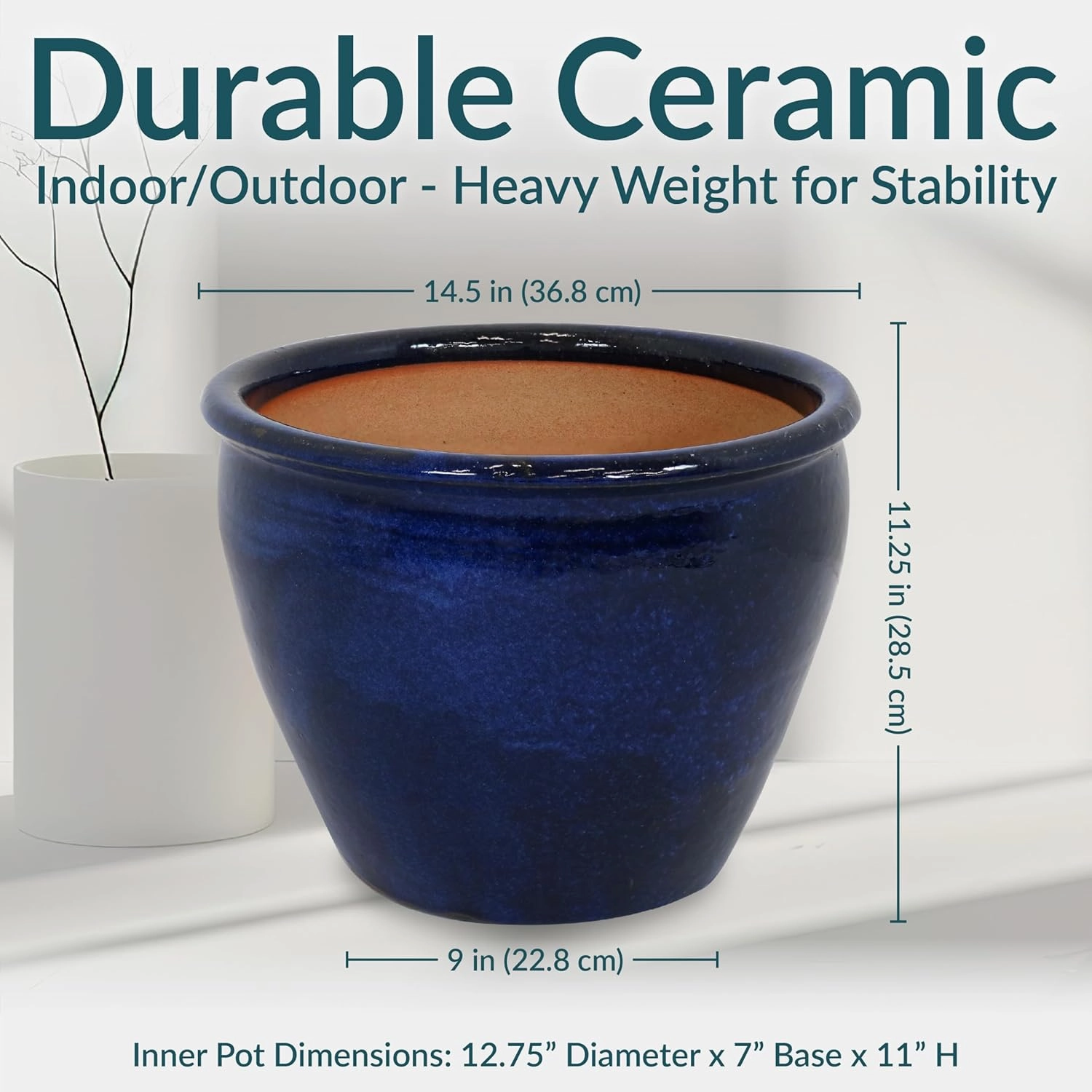 Sunnydaze 14.5" Large Ceramic Plant Pot - Round Outdoor Glazed Ceramic Planter Pot with Drainage - Imperial Blue - Chalet