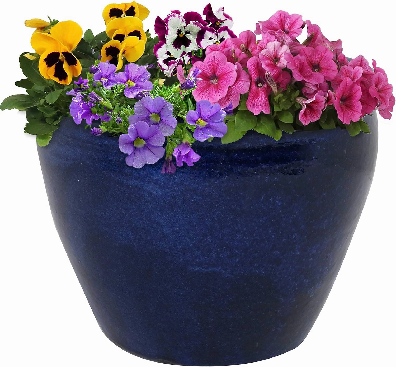 Sunnydaze 14.5" Large Ceramic Plant Pot - Round Outdoor Glazed Ceramic Planter Pot with Drainage - Imperial Blue - Chalet