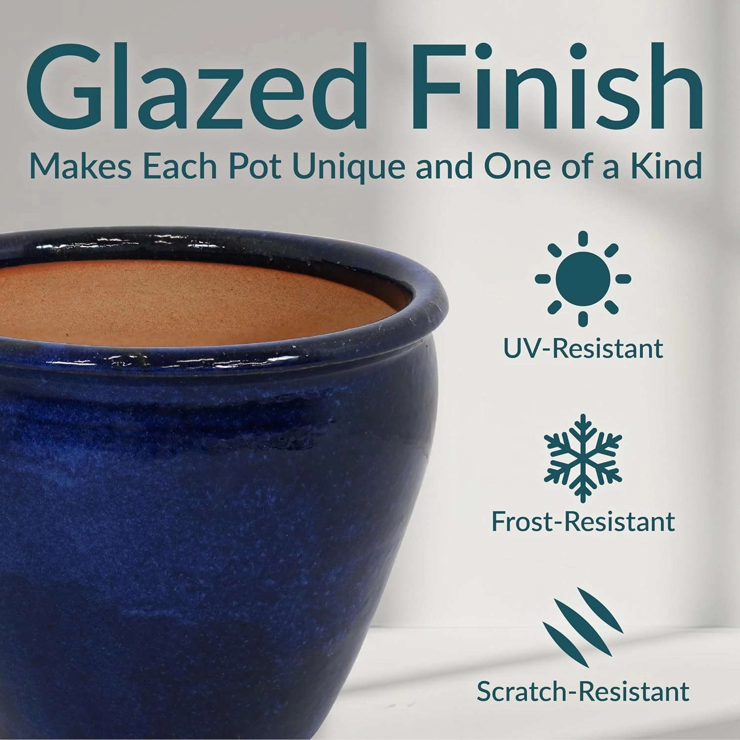 Sunnydaze 14.5" Large Ceramic Plant Pot - Round Outdoor Glazed Ceramic Planter Pot with Drainage - Imperial Blue - Chalet