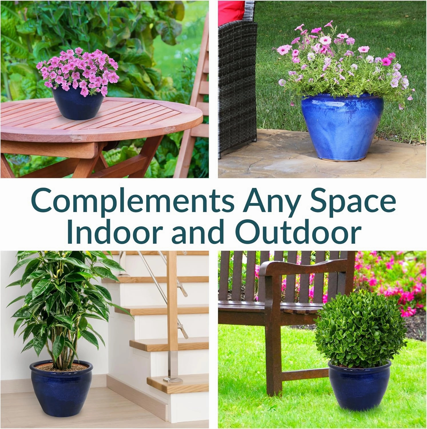 Sunnydaze 14.5" Large Ceramic Plant Pot - Round Outdoor Glazed Ceramic Planter Pot with Drainage - Imperial Blue - Chalet