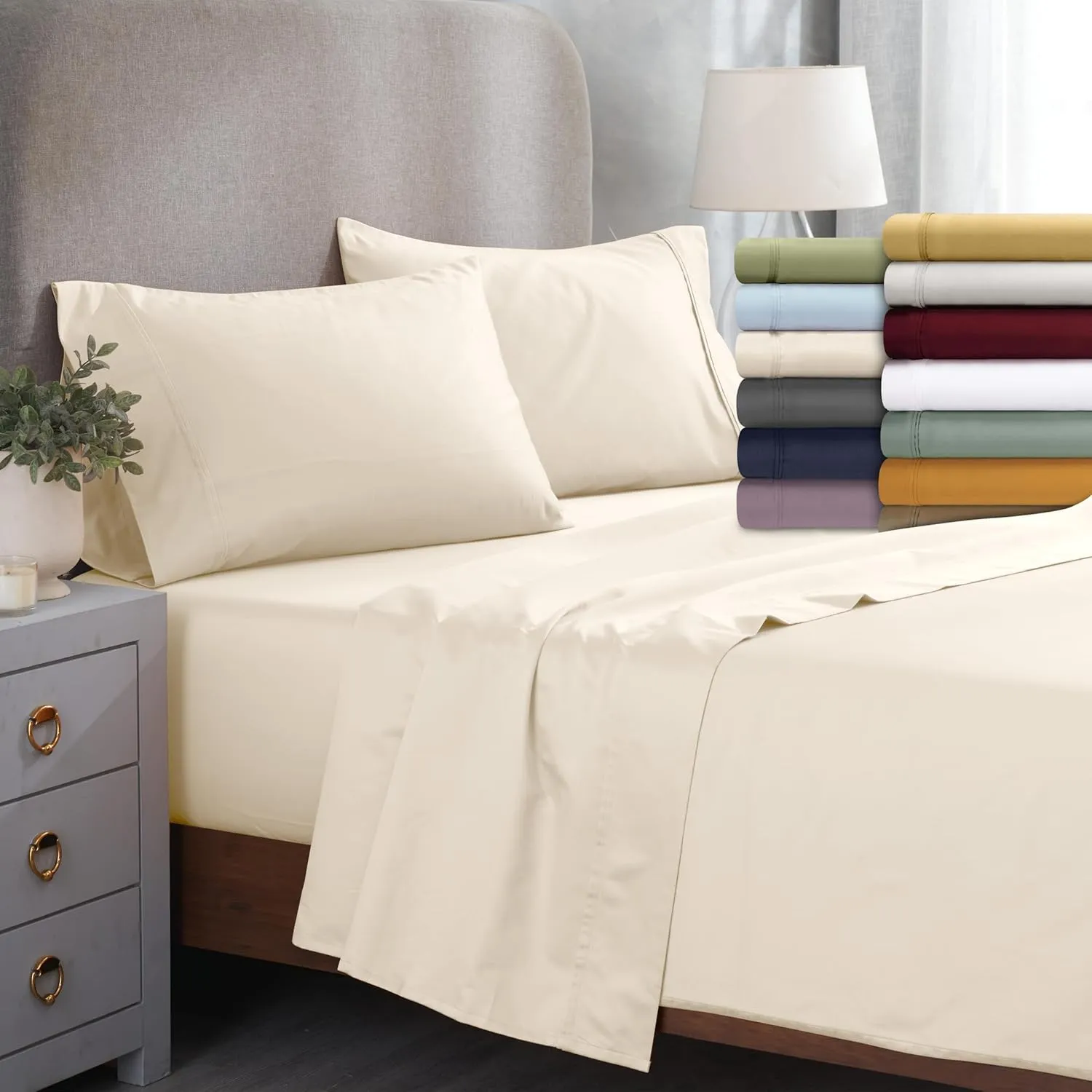 Superior Egyptian Cotton 4 Piece Sheet Set, Luxury 1200 Thread Count, Eco-Friendly, Sustainable Sheets, Ultra-Soft Basics, Solid, Deep Pocket Fitted Sheet, Flat Sheet, Pillowcases, King, Light Blue