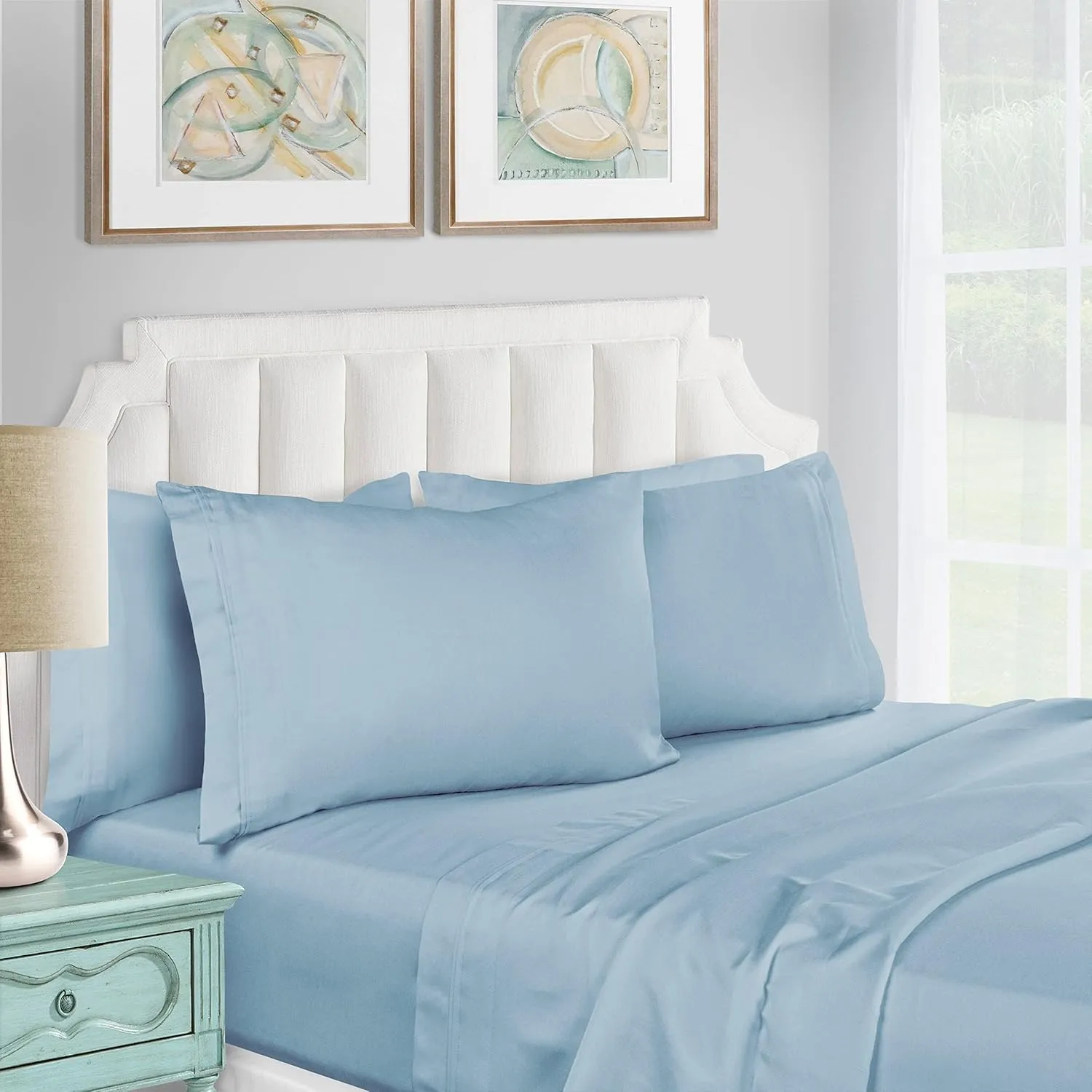 Superior Egyptian Cotton 4 Piece Sheet Set, Luxury 1200 Thread Count, Eco-Friendly, Sustainable Sheets, Ultra-Soft Basics, Solid, Deep Pocket Fitted Sheet, Flat Sheet, Pillowcases, King, Light Blue