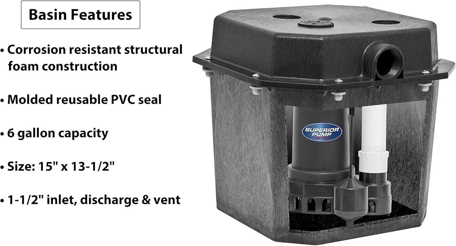 Superior Pump 92072-U 1/3 HP Remote Sink Drain Pump System, Black