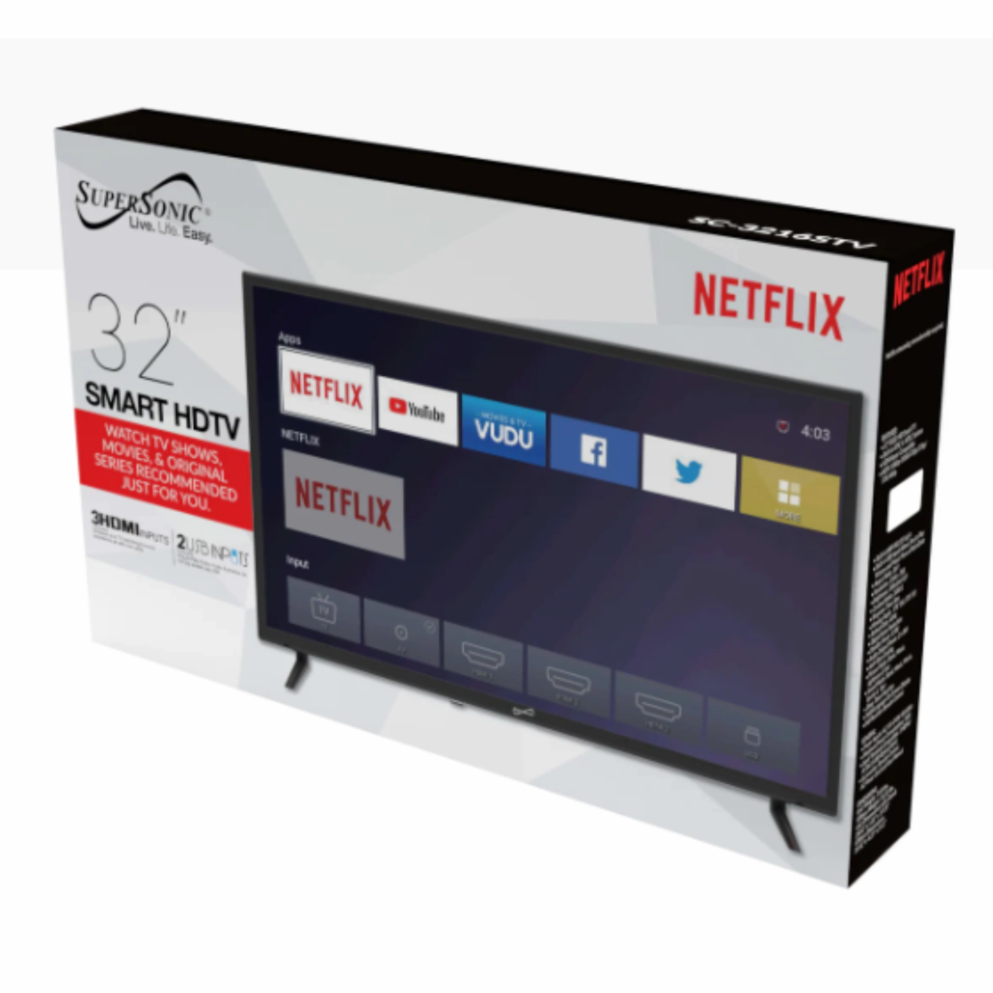 Supersonic 32" Smart HDTV 1080p Widescreen LED with USB & HDMI Inputs (SC-3216STV)
