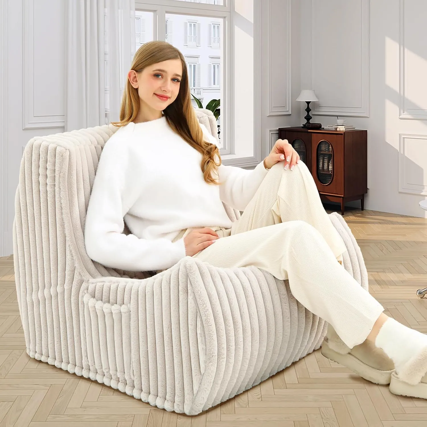SWITTE Bean Bag Chair, Giant Lazy Sofa Indoor Beanbag Chairs for Adults, Memory Foam Lounge Chair for Living Room Bedroom, Office, Beige