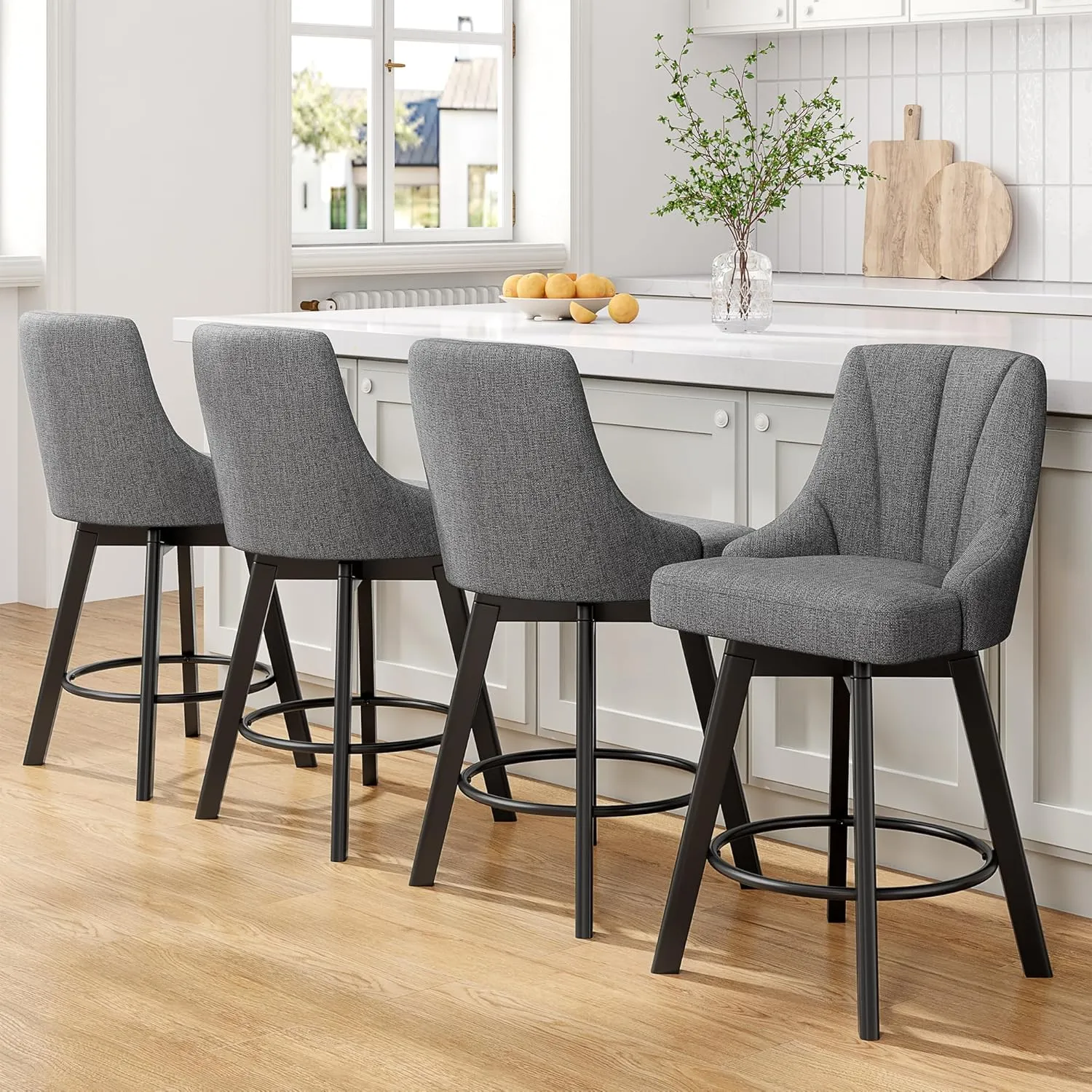 Swivel Bar Stools with Backs, 24" Counter Height Bar Stools Set of 2, Fabric Upholstered Counter Barstools with Solid Wood Legs for Kitchen Island, Home Bar, Dark Gray