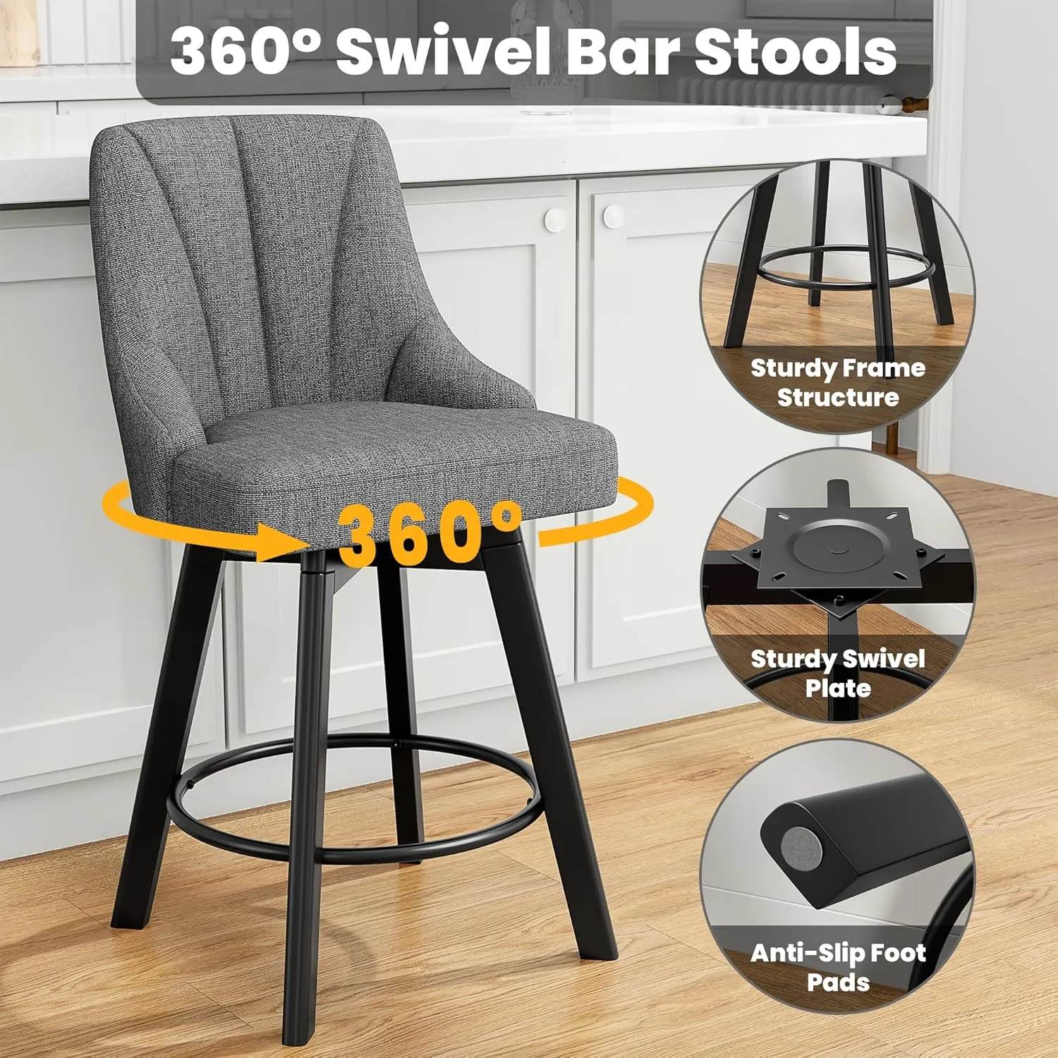 Swivel Bar Stools with Backs, 24" Counter Height Bar Stools Set of 2, Fabric Upholstered Counter Barstools with Solid Wood Legs for Kitchen Island, Home Bar, Dark Gray