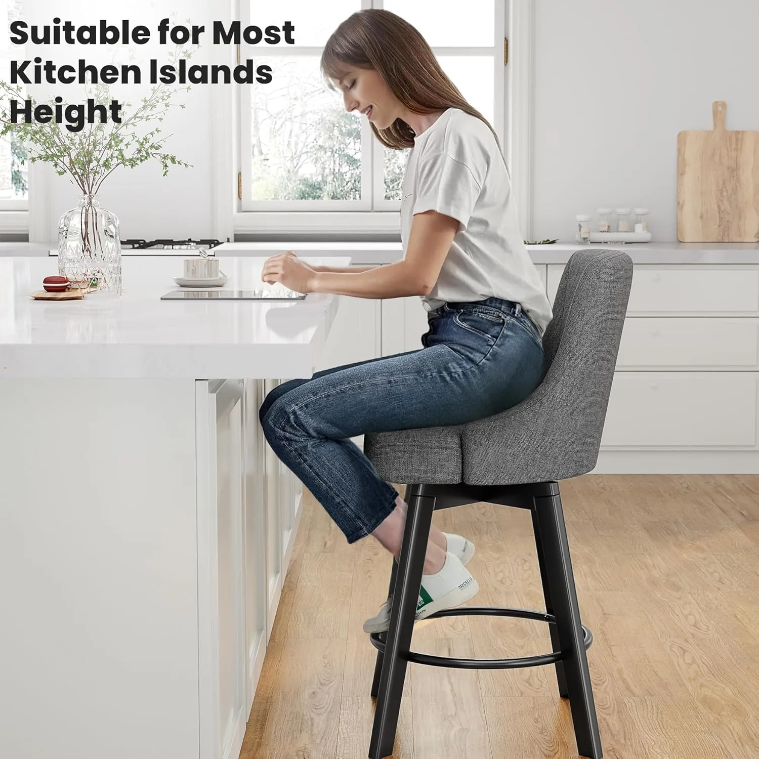 Swivel Bar Stools with Backs, 24" Counter Height Bar Stools Set of 2, Fabric Upholstered Counter Barstools with Solid Wood Legs for Kitchen Island, Home Bar, Dark Gray