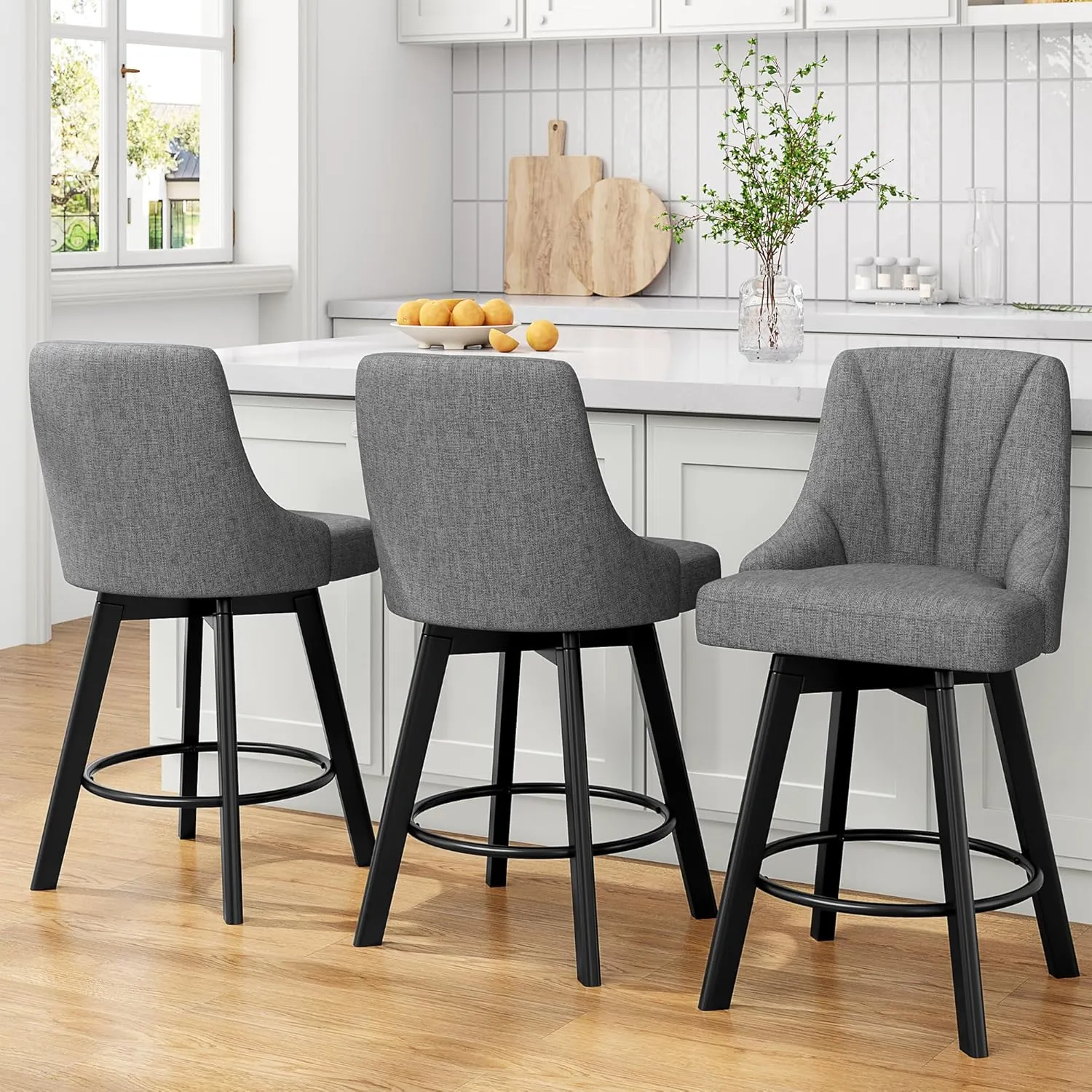 Swivel Bar Stools with Backs, 24" Counter Height Bar Stools Set of 2, Fabric Upholstered Counter Barstools with Solid Wood Legs for Kitchen Island, Home Bar, Dark Gray
