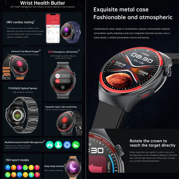 T82 1.43 inch Round Screen BT Call Smart Watch, Heart Rate / Blood Pressure / Blood Oxygen / Sleep / Blood Sugar / HRV / Metope / SOS, Strap:Stainless Steel Black