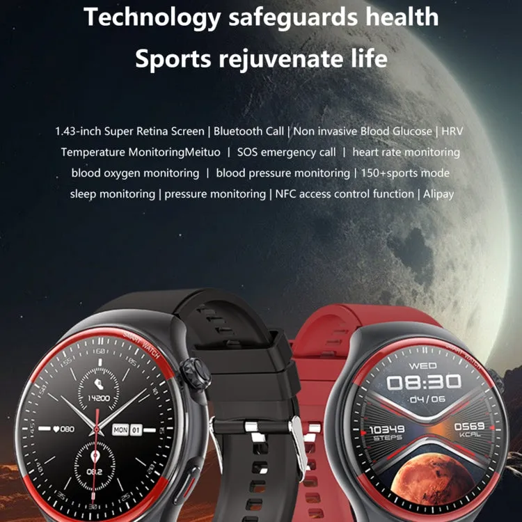 T82 1.43 inch Round Screen BT Call Smart Watch, Heart Rate / Blood Pressure / Blood Oxygen / Sleep / Blood Sugar / HRV / Metope / SOS, Strap:Stainless Steel Black