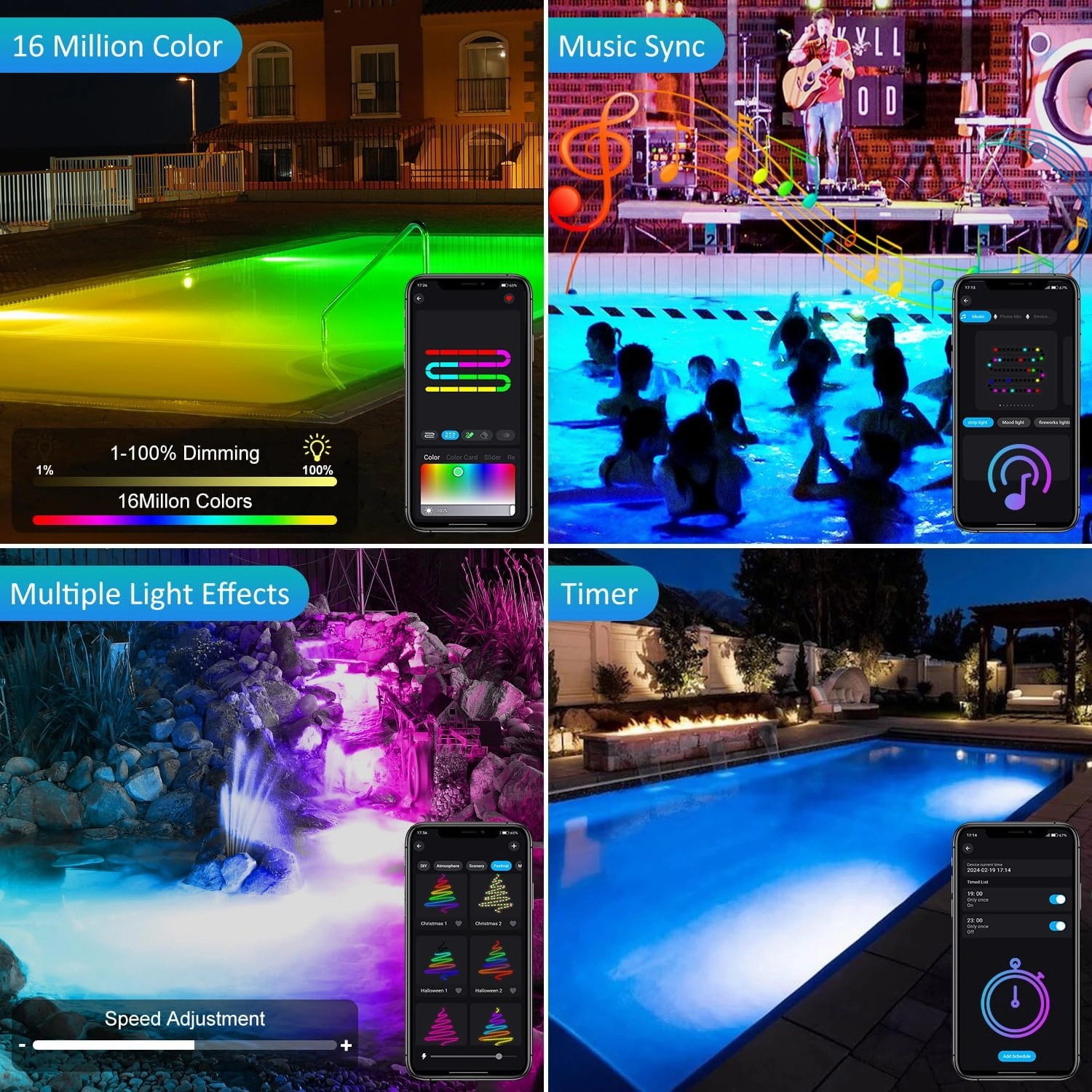 T-SUN Color Changing Pond Lights LED Underwater 9.8ft APP and Remote Control Submersible Fountain Lights IP68 Waterproof Landscape Spotlight Fish Tank Light for Koi Pond Aquarium Garden (2-Head)