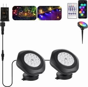 T-SUN Color Changing Pond Lights LED Underwater 9.8ft APP and Remote Control Submersible Fountain Lights IP68 Waterproof Landscape Spotlight Fish Tank Light for Koi Pond Aquarium Garden (2-Head)
