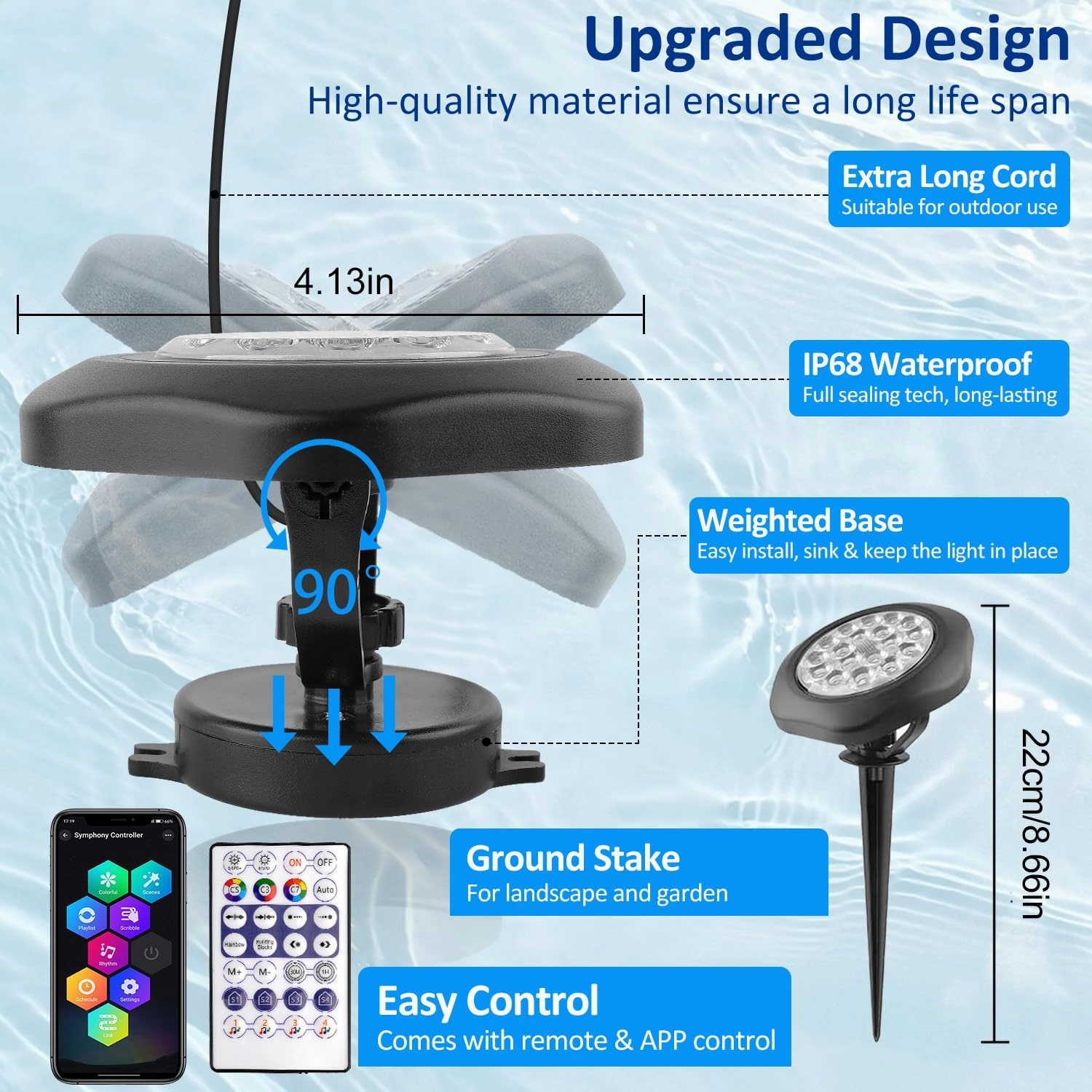 T-SUN Color Changing Pond Lights LED Underwater 9.8ft APP and Remote Control Submersible Fountain Lights IP68 Waterproof Landscape Spotlight Fish Tank Light for Koi Pond Aquarium Garden (2-Head)