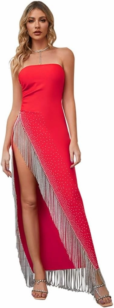 Tassel Pendant High Split Bustier Long Dress Red Evening Dress Temperament Celebrity Dress(M)