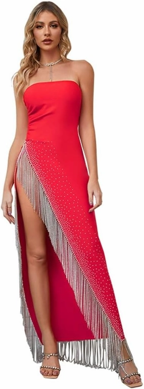 Tassel Pendant High Split Bustier Long Dress Red Evening Dress Temperament Celebrity Dress(M)