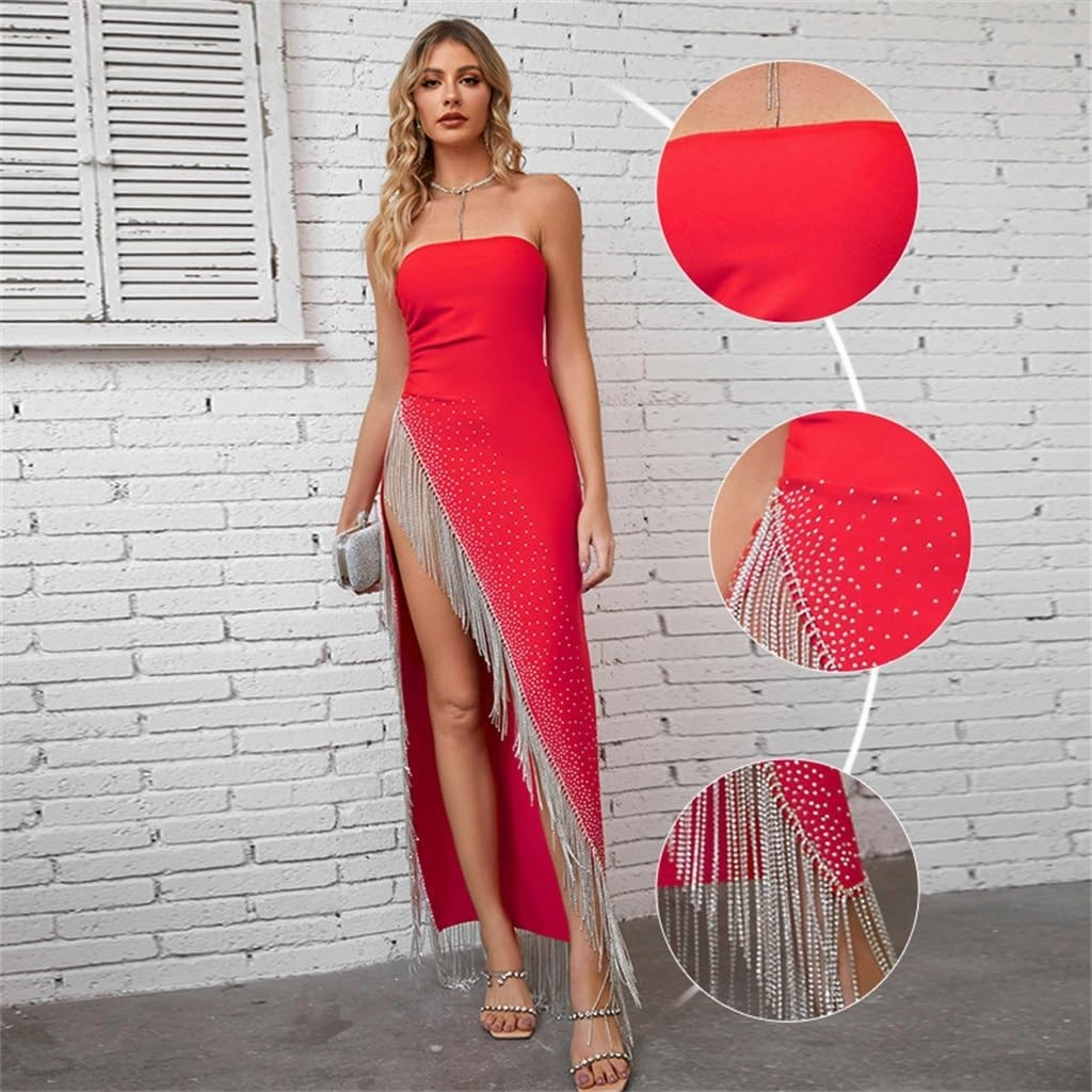 Tassel Pendant High Split Bustier Long Dress Red Evening Dress Temperament Celebrity Dress(M)