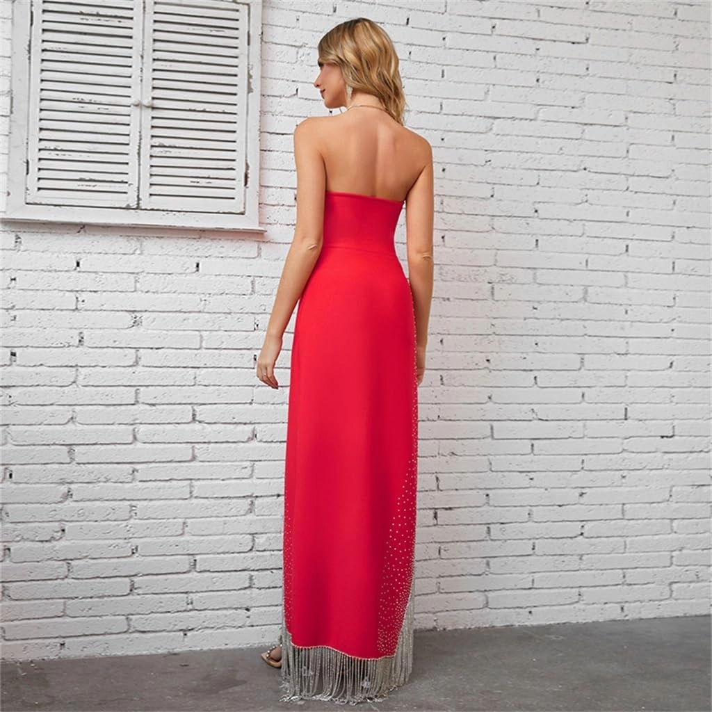 Tassel Pendant High Split Bustier Long Dress Red Evening Dress Temperament Celebrity Dress(M)