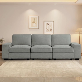 TEKAMON 100" Modular Sofa with Seats Storage, Comfy 3-Seater Chenille Fabric Couch for Living Room, Office, Apart W/Deep Seat, USB Charging, Upholstered Couch with Removable Cover(Light Grey)