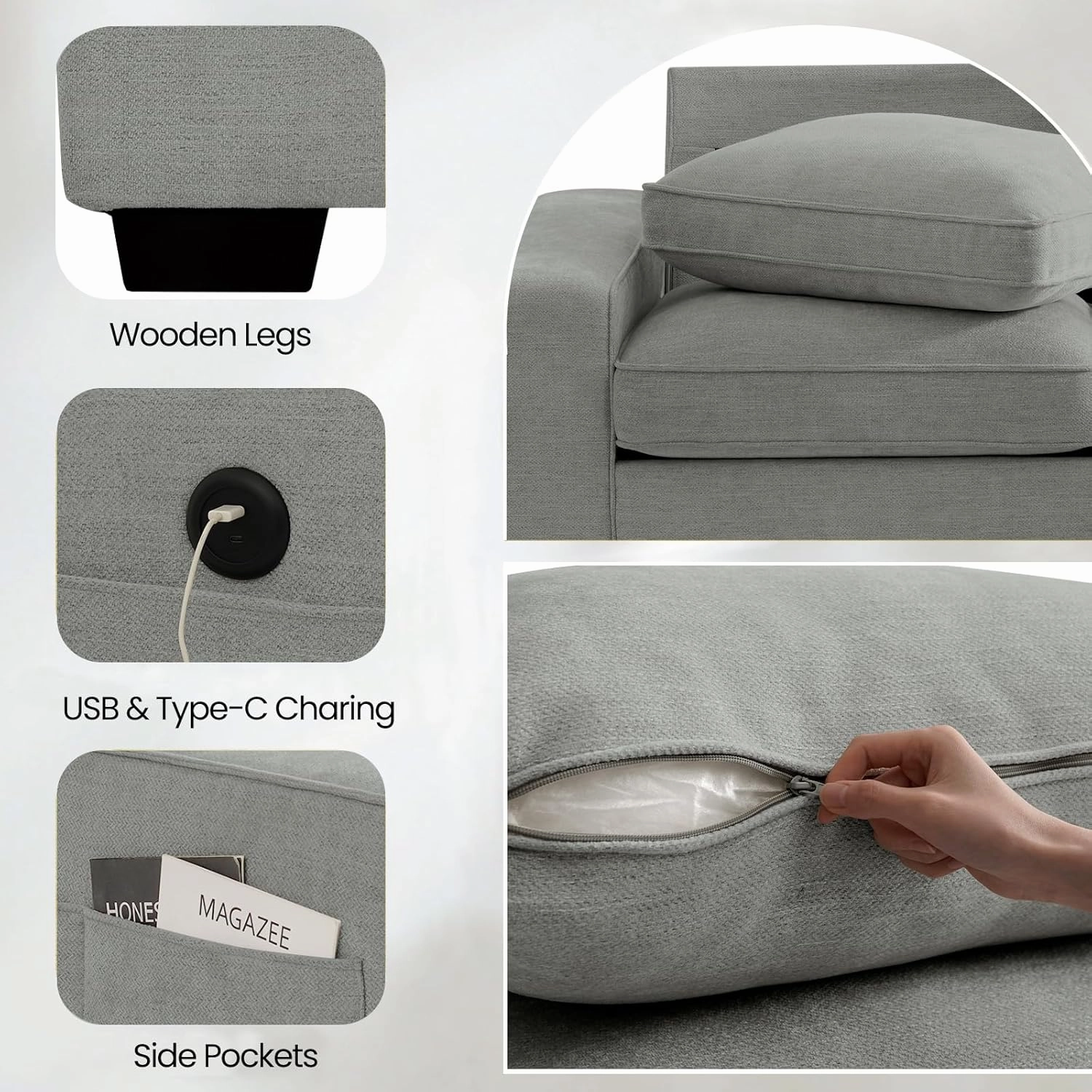 TEKAMON 100" Modular Sofa with Seats Storage, Comfy 3-Seater Chenille Fabric Couch for Living Room, Office, Apart W/Deep Seat, USB Charging, Upholstered Couch with Removable Cover(Light Grey)