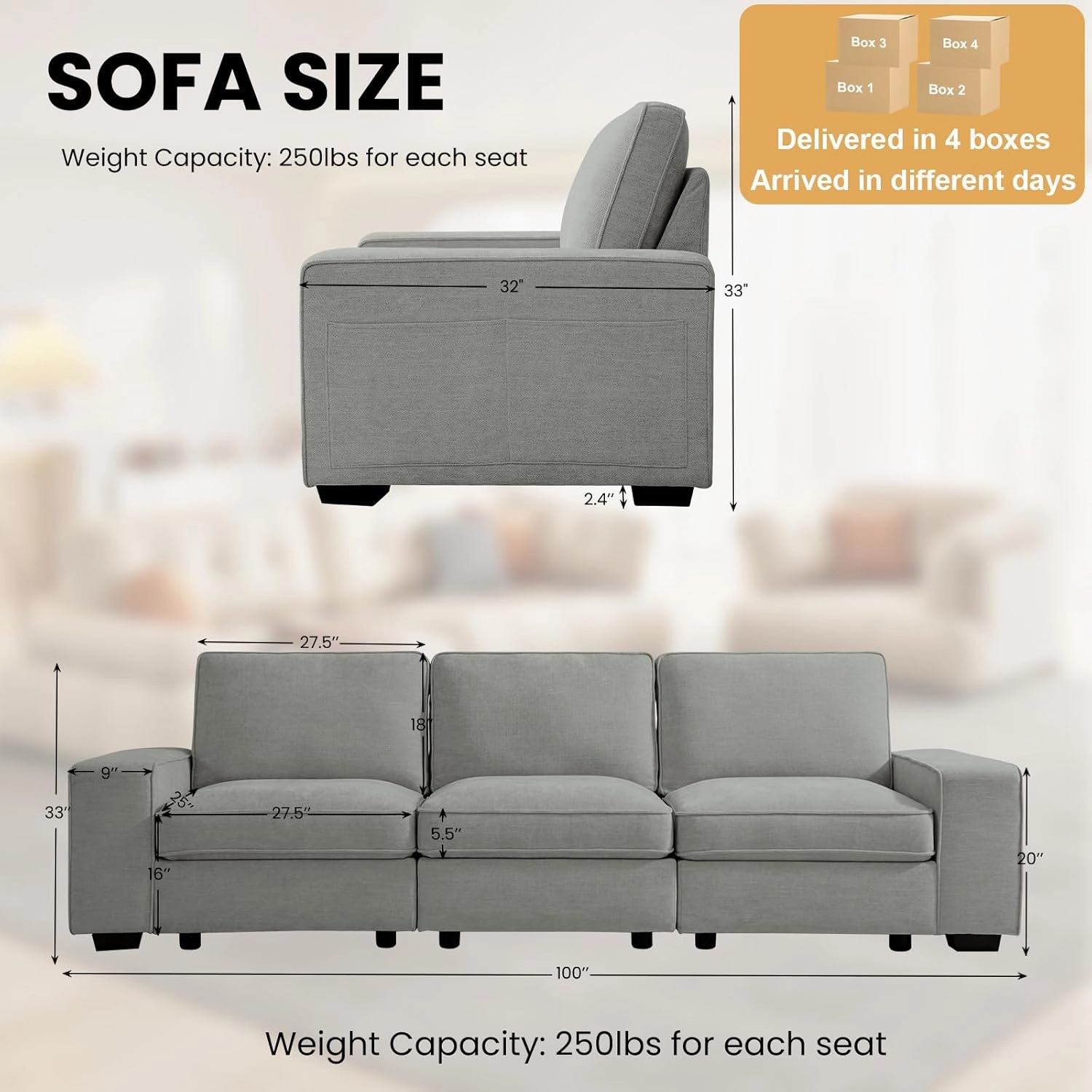 TEKAMON 100" Modular Sofa with Seats Storage, Comfy 3-Seater Chenille Fabric Couch for Living Room, Office, Apart W/Deep Seat, USB Charging, Upholstered Couch with Removable Cover(Light Grey)
