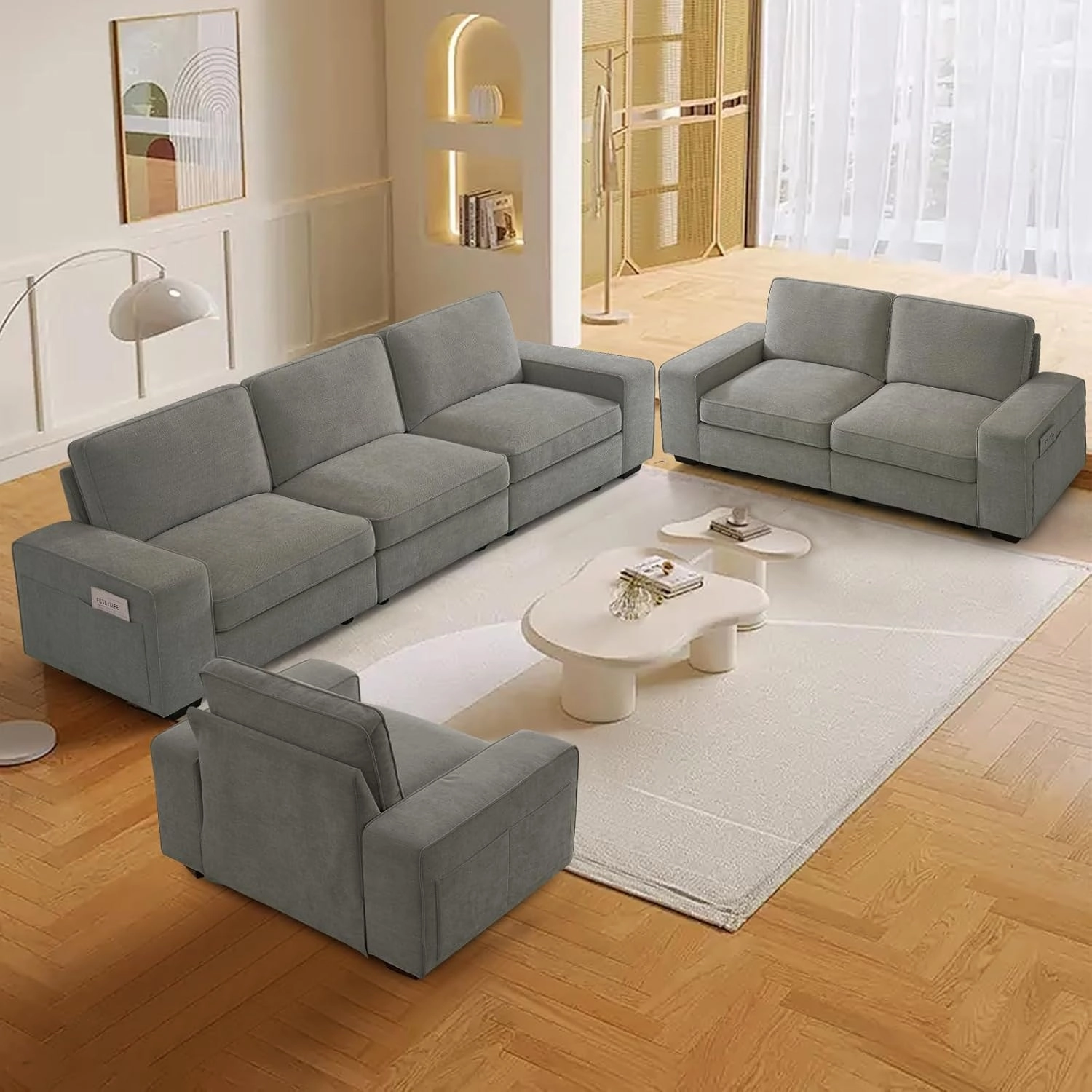 TEKAMON 100" Modular Sofa with Seats Storage, Comfy 3-Seater Chenille Fabric Couch for Living Room, Office, Apart W/Deep Seat, USB Charging, Upholstered Couch with Removable Cover(Light Grey)