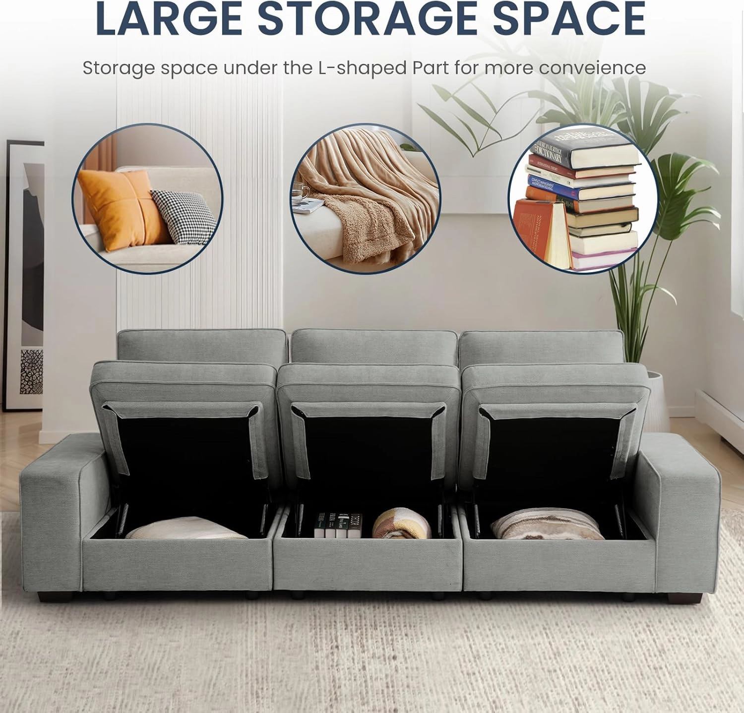 TEKAMON 100" Modular Sofa with Seats Storage, Comfy 3-Seater Chenille Fabric Couch for Living Room, Office, Apart W/Deep Seat, USB Charging, Upholstered Couch with Removable Cover(Light Grey)