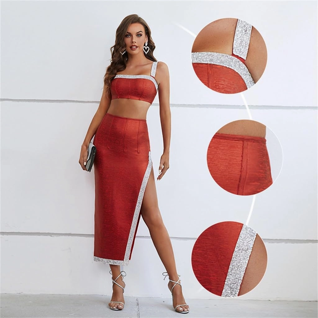 Temperament Collision Colour Celebrity Dress Winter red Suit Clothes Female Two-Piece Sexy Dress Dress(Small)