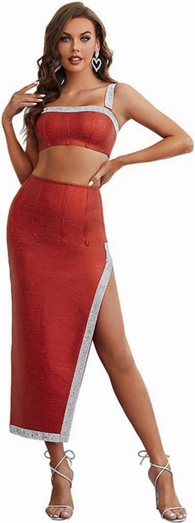 Temperament Collision Colour Celebrity Dress Winter red Suit Clothes Female Two-Piece Sexy Dress Dress(Small)
