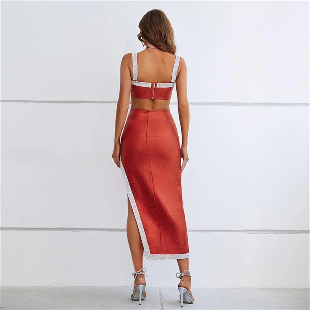 Temperament Collision Colour Celebrity Dress Winter red Suit Clothes Female Two-Piece Sexy Dress Dress(Small)