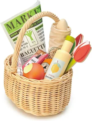 Tender Leaf Toys - Wicker Shopping Basket - Handcrafted Rattan Basket with Handle - Wooden Picnic Basket Playset, Supermarket Shopping Game, 15 Pcs Pretend Play Food Set - Age 3 