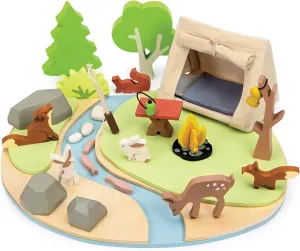 Tender Leaf Toys - Wildlife Camping Playset - Wooden Doll Sized Camping Set with Tent, Campfire, Fishing Rod & Accessories - Imaginative Play Set - Develop Storytelling & Fine Motor Skills - Age 3 