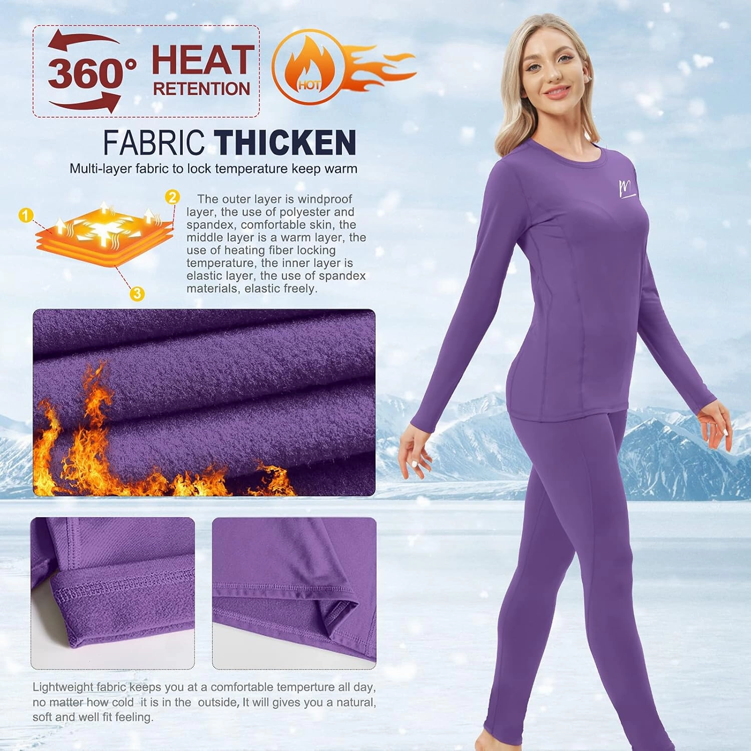 Thermal Underwear for Women, Winter Warm Base Layer Compression Set, Fleece Lined Long Johns Running Skiing