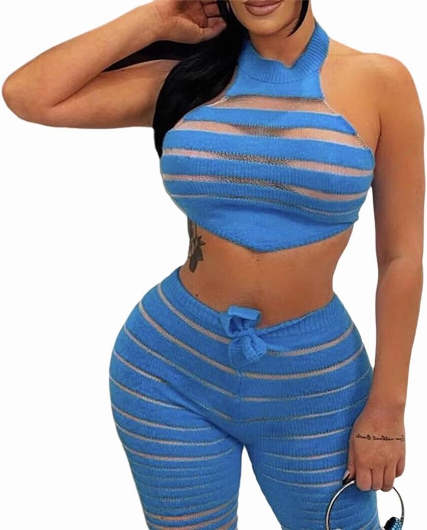THLAI Women's Two-Piece Outfit Sexy Lace Up Neck Hanging Open Back Knitted Vest High Waisted Pants Set