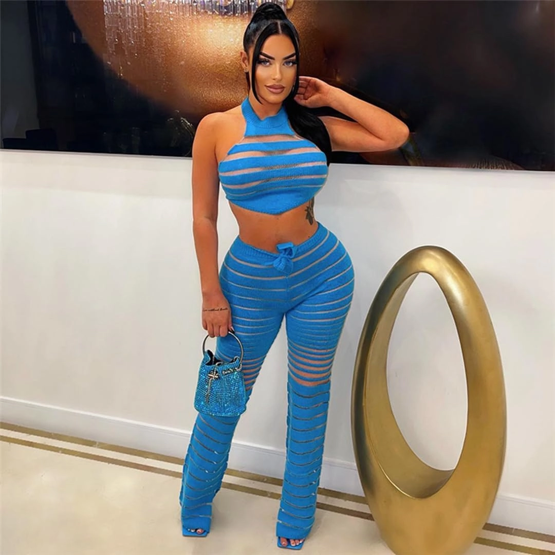 THLAI Women's Two-Piece Outfit Sexy Lace Up Neck Hanging Open Back Knitted Vest High Waisted Pants Set