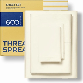 THREAD SPREAD Luxury Pure Egyptian Cotton Sheets King Size - 600 Thread Count Sheets King 4 PC Luxury Sheets King Size, 16" Deep Pocket, Soft, Cooling Sateen Weave Hotel Luxury Bed Sheets Set - Ivory