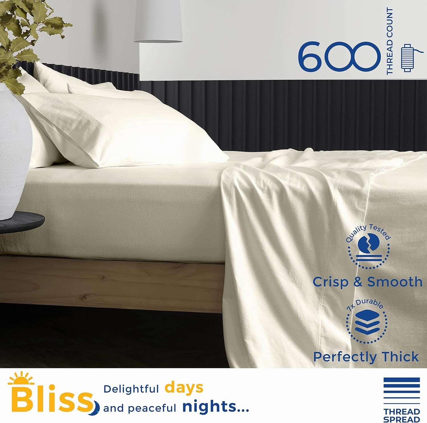THREAD SPREAD Luxury Pure Egyptian Cotton Sheets King Size - 600 Thread Count Sheets King 4 PC Luxury Sheets King Size, 16" Deep Pocket, Soft, Cooling Sateen Weave Hotel Luxury Bed Sheets Set - Ivory