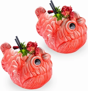 Tiki Mugs Cocktail Set of 2 Ceramic Weird Fish Tiki Mugs, Hawaiian Luau Party Mugs, Fun Exotic Cocktail Tiki Cups, Tropical Tiki barware for Party Barware, 22oz/650ml
