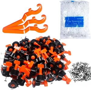 Tile Leveling System Kit,100pcs Reusable Tile Leveler Spacers 500pcs 1/12" Cross-shaped Tile Spacers 3pcs Wrench 50pcs 1/16" Replaceable Spare Steel T-Pin,Tools for Wall Floor Tile Adjustment(100)