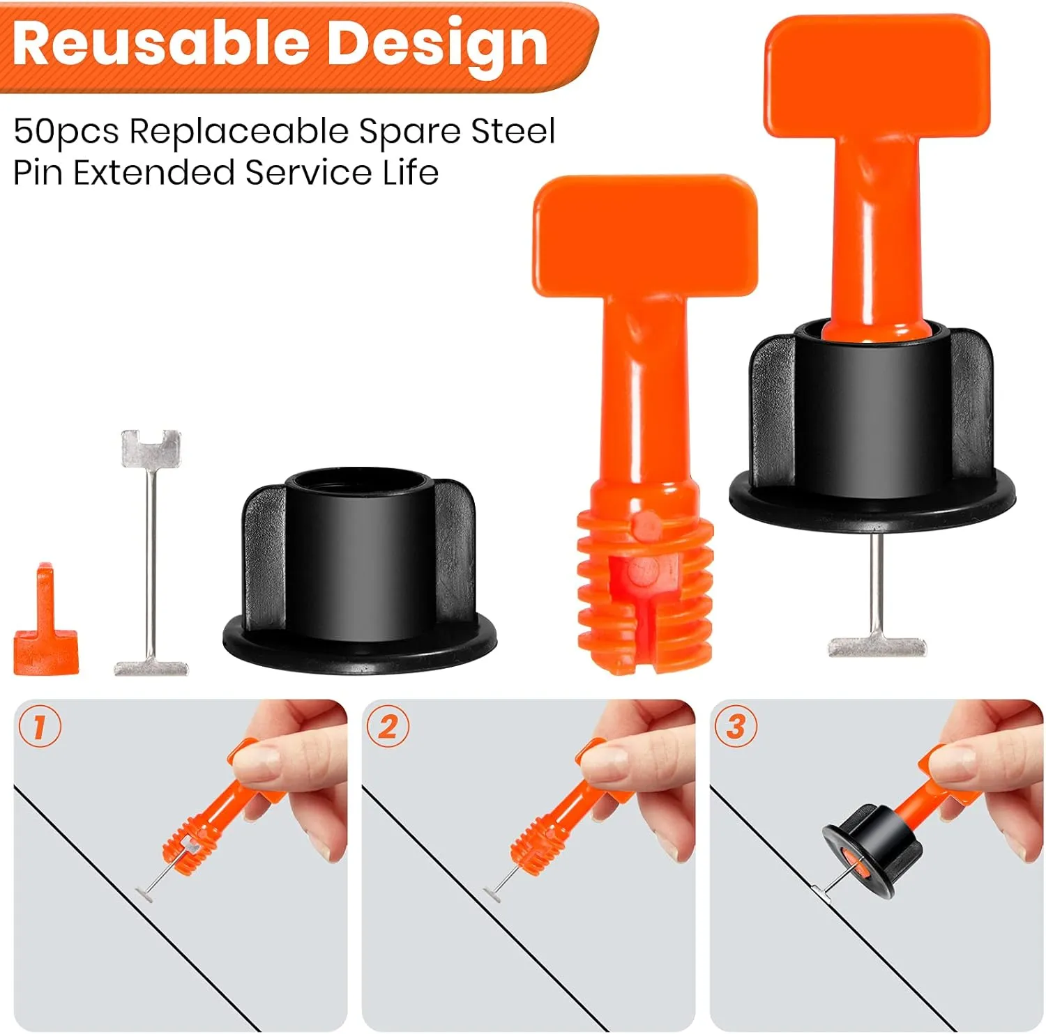 Tile Leveling System Kit,100pcs Reusable Tile Leveler Spacers 500pcs 1/12" Cross-shaped Tile Spacers 3pcs Wrench 50pcs 1/16" Replaceable Spare Steel T-Pin,Tools for Wall Floor Tile Adjustment(100)